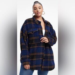 Good American Wool Blend Blue Plaid Shacket, size 3/4